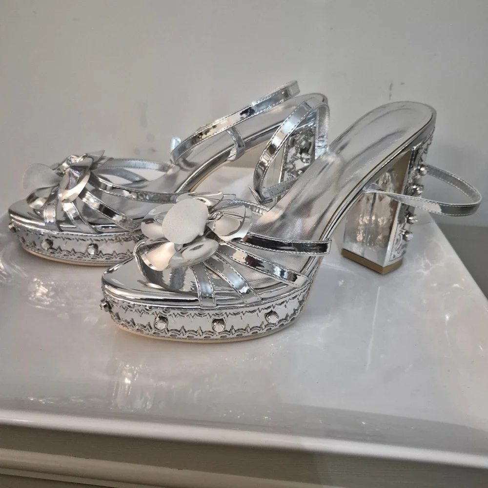 Silver Metallic Floral Platform Sandals Studded Block Heel Ankle Strap Dressy
